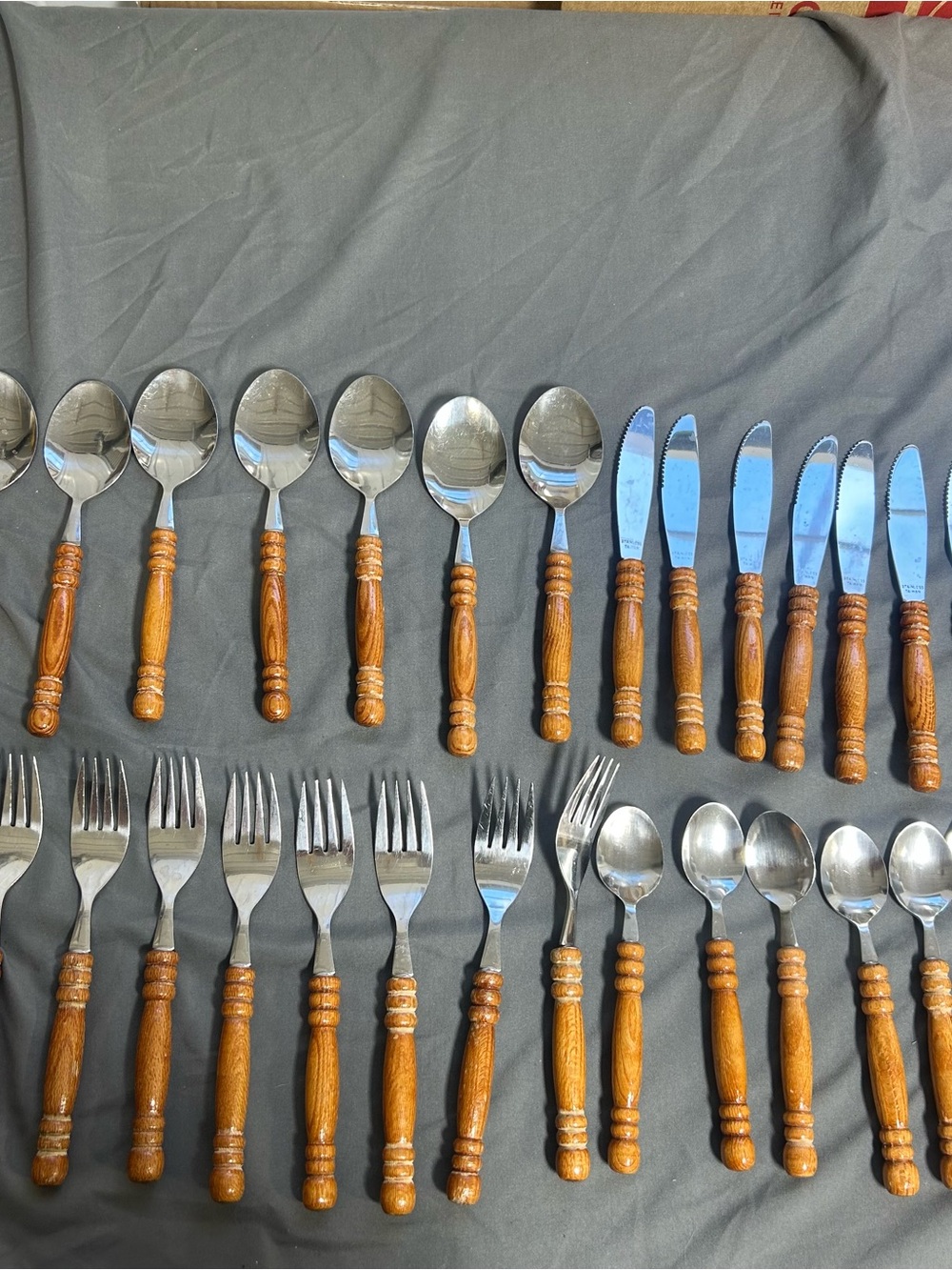 Vintage 70’s Wood Handle Stainless Steel Flatware Set 31 Pieces Taiwan